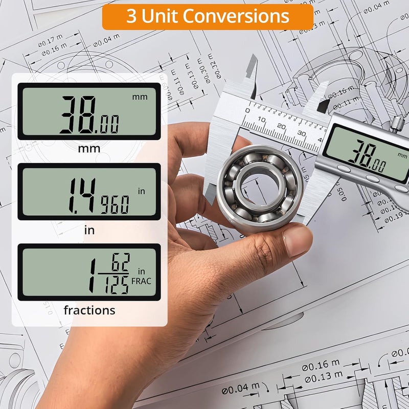 Neoteck 6 inch/150mm Digital Caliper Vernier Caliper Stainless Steel LCD Display Digital Caliper Measuring Tool with Fraction/Inch/MM Conversion Used for Inside,Outside Diameter,Depth,Step Measurement - Image 4